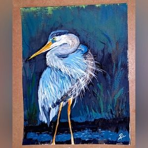 Original painting on  watercolor paperBlue Heron Bird crane signed by Artist